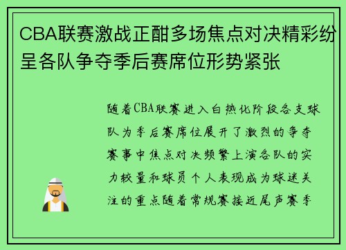 CBA联赛激战正酣多场焦点对决精彩纷呈各队争夺季后赛席位形势紧张