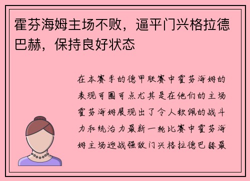 霍芬海姆主场不败，逼平门兴格拉德巴赫，保持良好状态